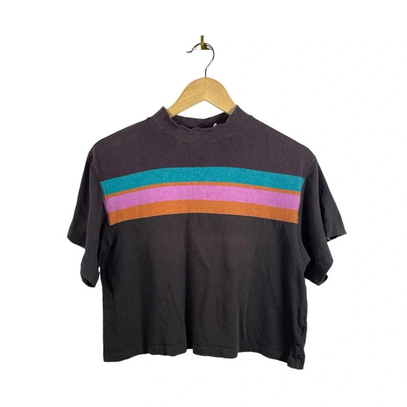 Free People Mock Neck Multicolor Stripe Tee in Brown/Pink/Blue Size XS - Picture 1 of 10